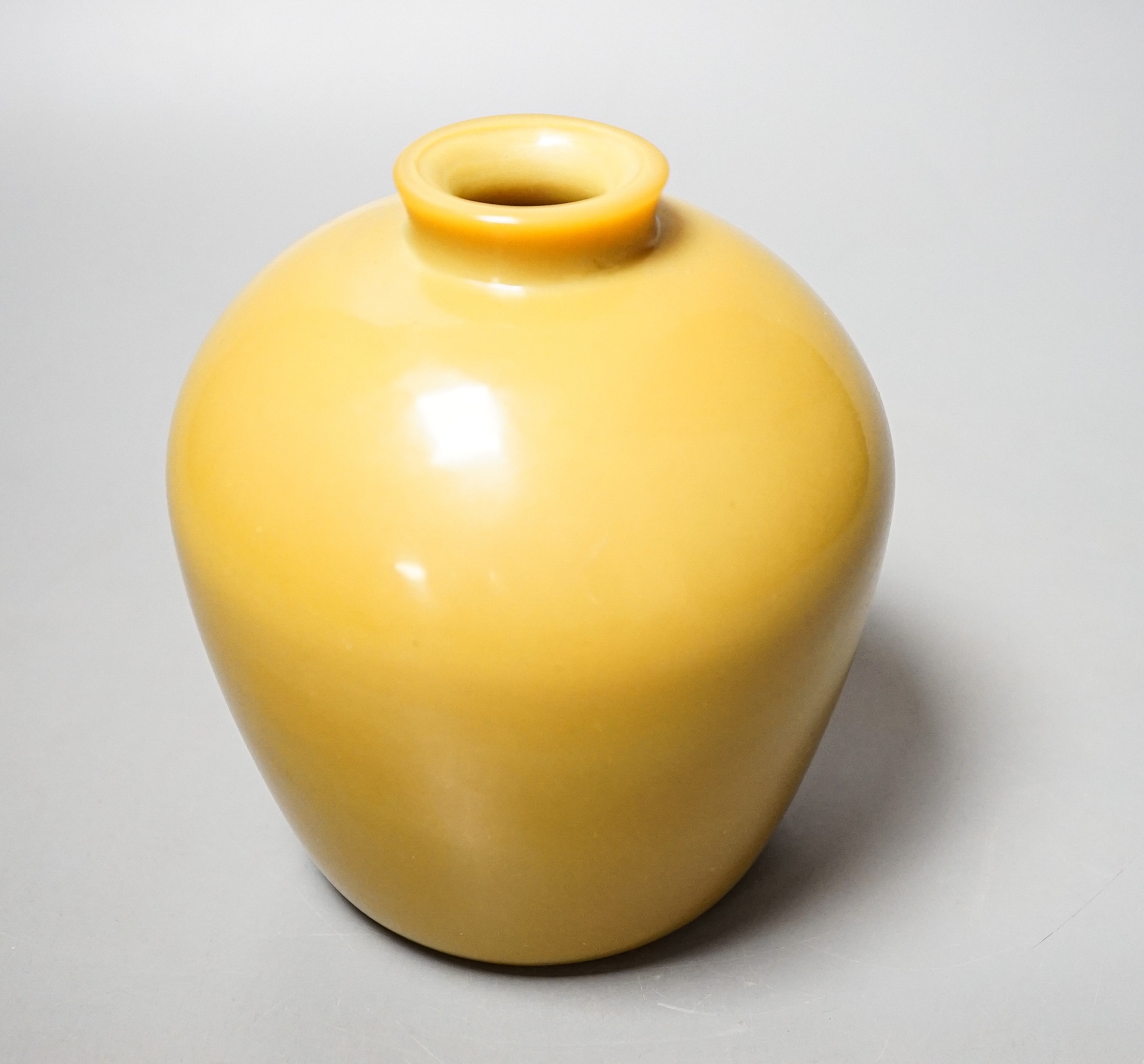 A Chinese Beijing mustard yellow glass vase, Qianlong four character mark, probably 19th century 13.5cm